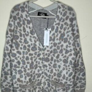 Ugg Sweater Cardigan Alpaca Wool Gray Cream Leopard Animal Print Pockets NWT